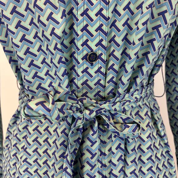 Tory Burch Blue Geometric Print Belted Button Down Silk Dress Women’s Size 2 - Picture 4 of 9